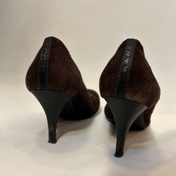 Womens Prada Brown Black Suede Patent Leather Capped Toe Heels Pumps 38.5 US/8.5 - Picture 13 of 16